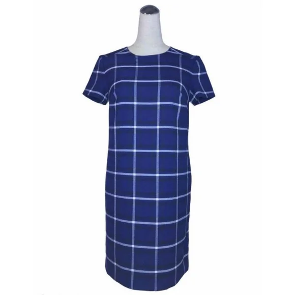 HI SUMMER ☀️ 💙 Banana Republic Women's Short Sleeve Blue Grid Sheath Dress - Picture 4 of 7